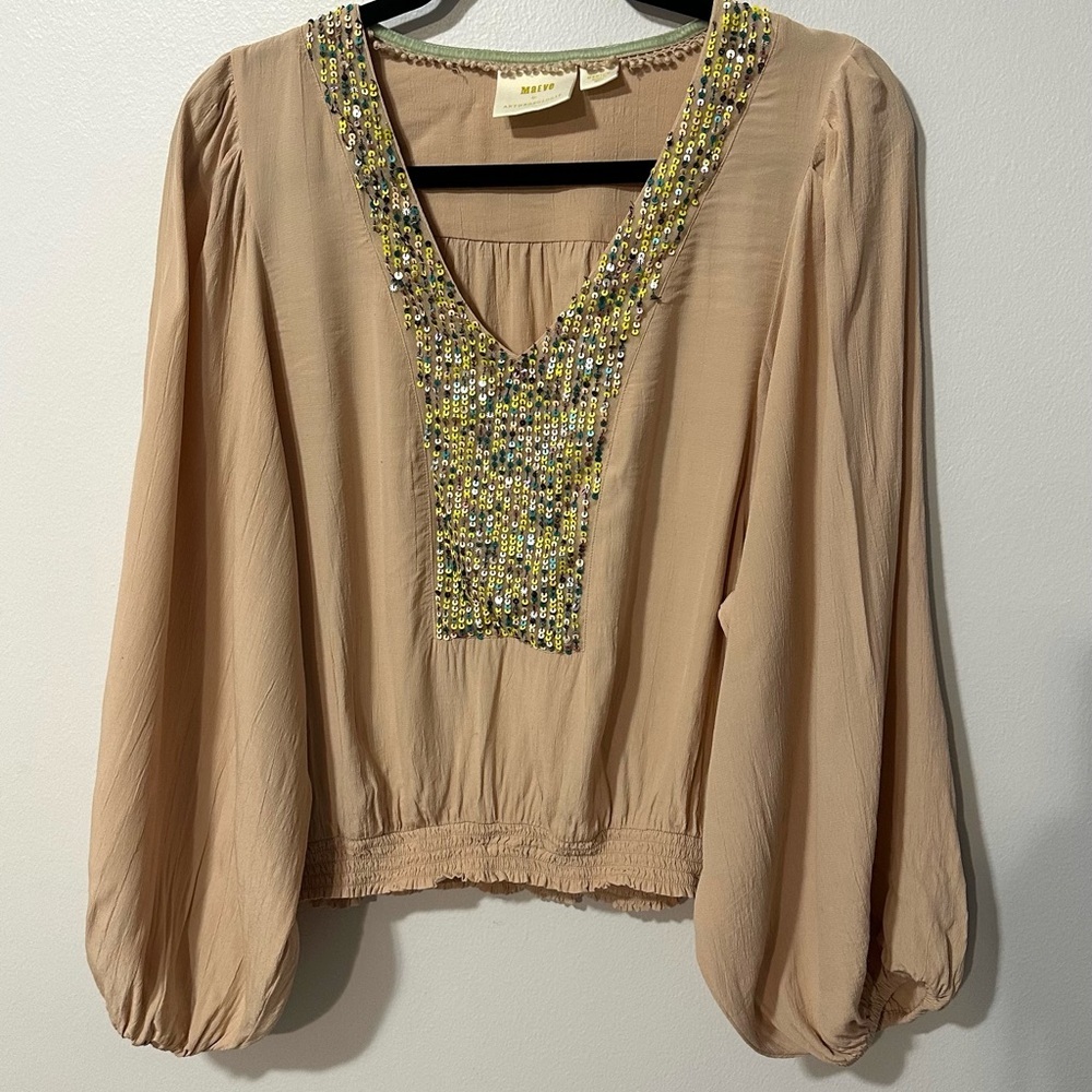 Maeve by Anthropologie Peach/Tan Kristie Peasant Blouse Sequin Detail Sz Medium